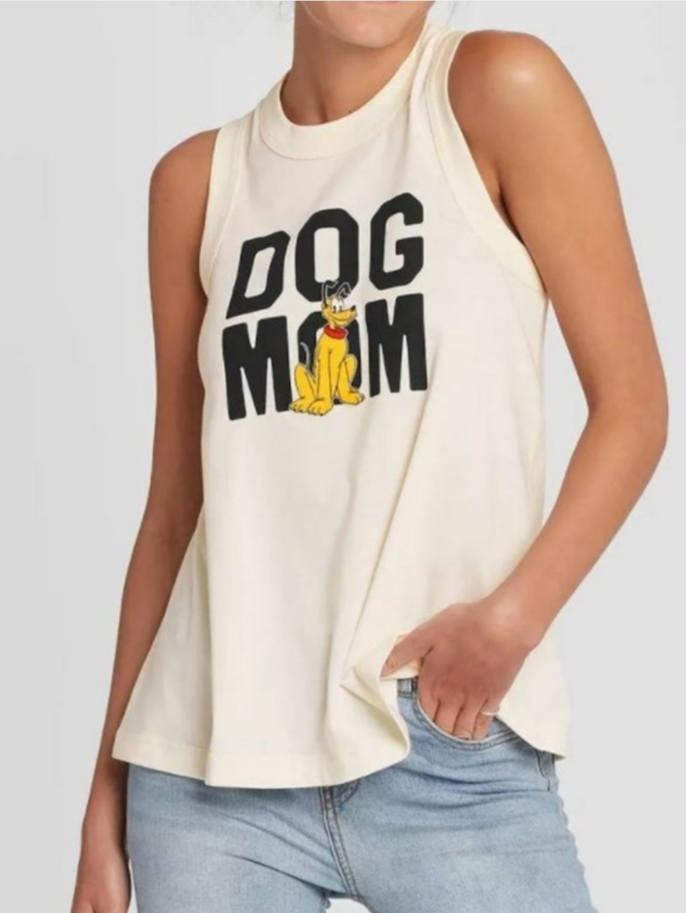 DISNEY Cream Sleeveless Tank - Dog Mom Pluto Graphic Size Large